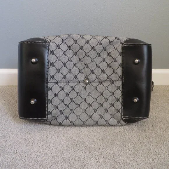 Vintage Ralph Lauren Signature Gray & Black Leather Trim Duffle Carry On Bag - Picture 5 of 9